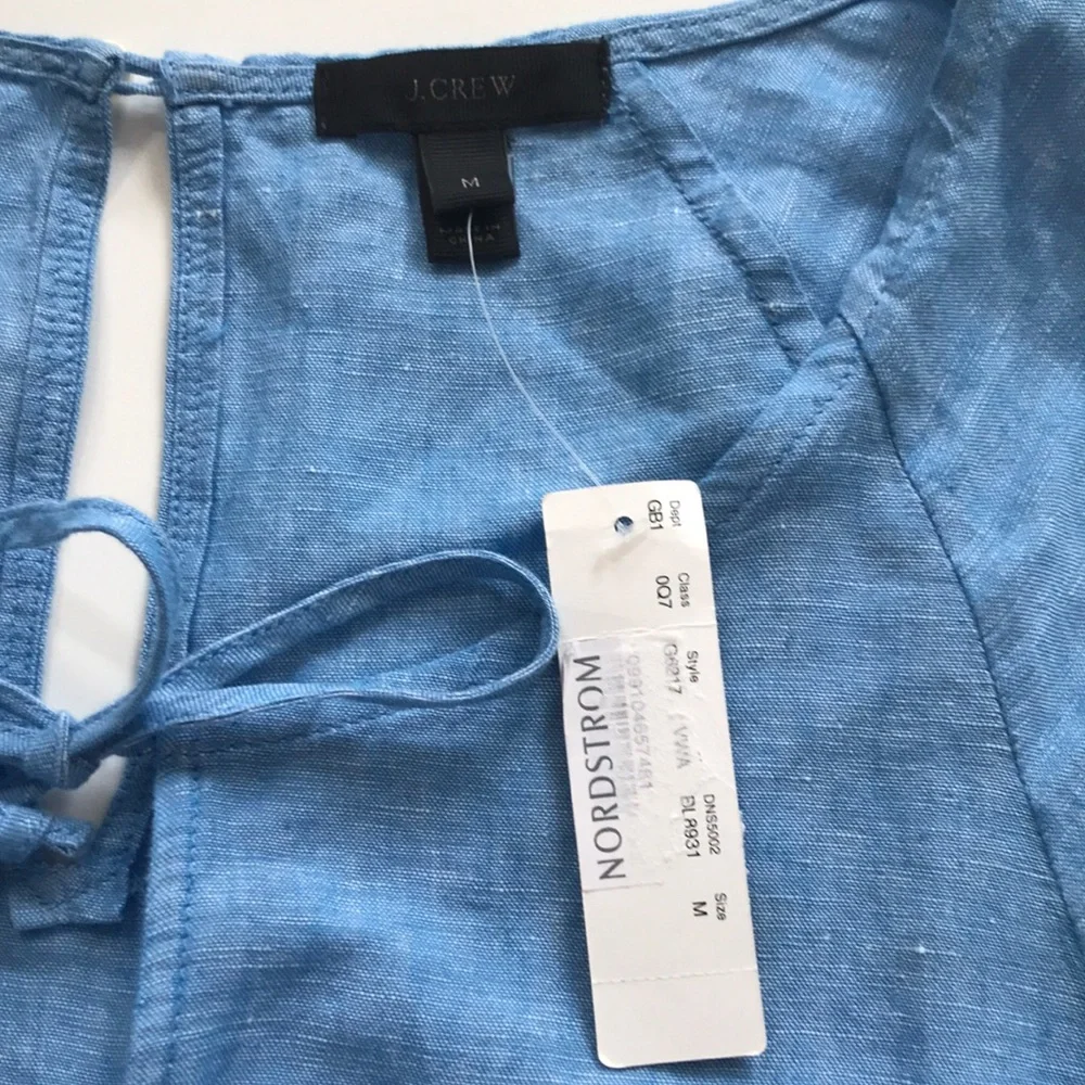 J. Crew Linen Short Sleeve Scallop Trim Scoop Neck Romper Chambray Blue Sz M NWT